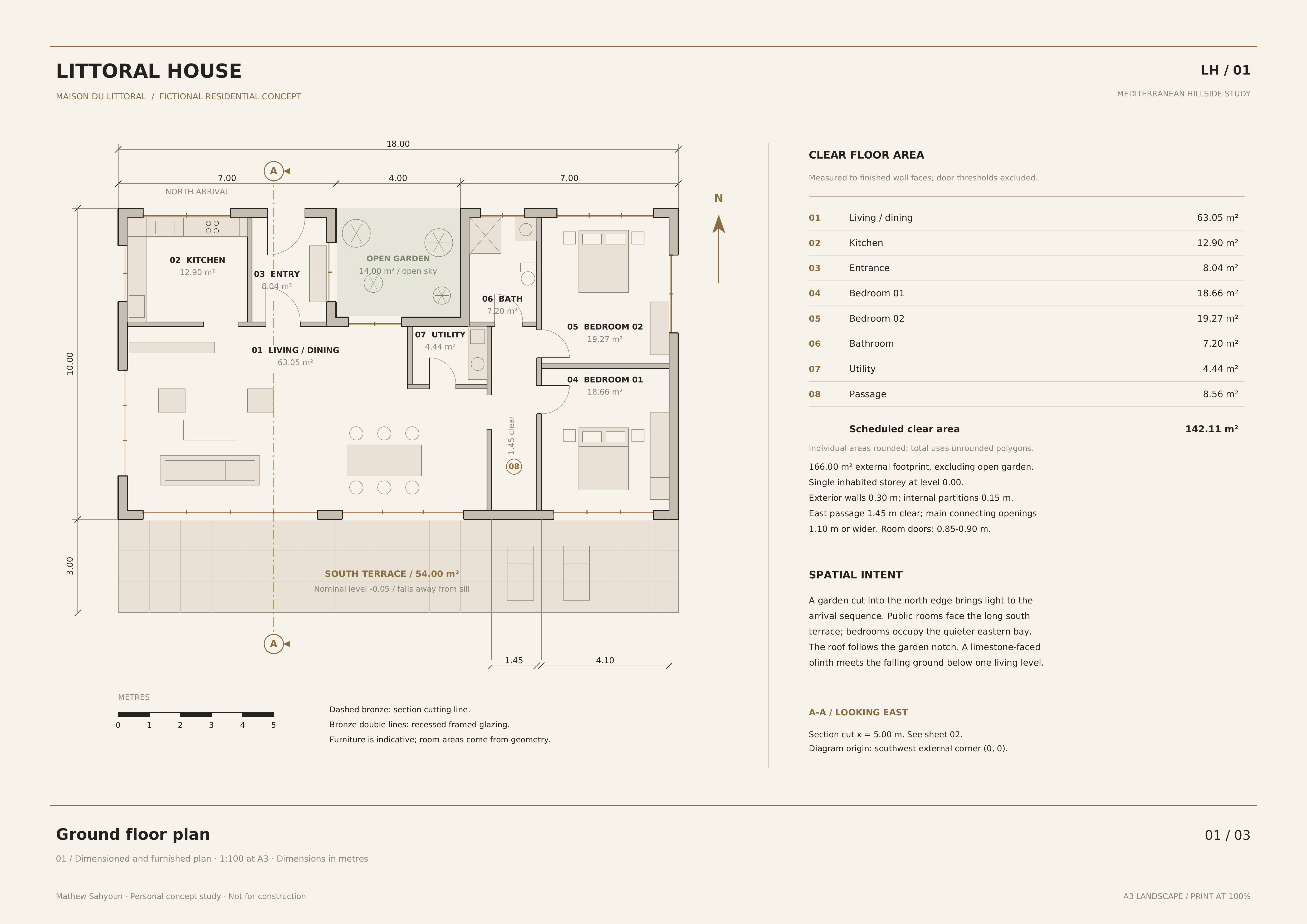 Littoral House — Plan du rez-de-chaussée. Dessin de conception ; non destiné à l’exécution.