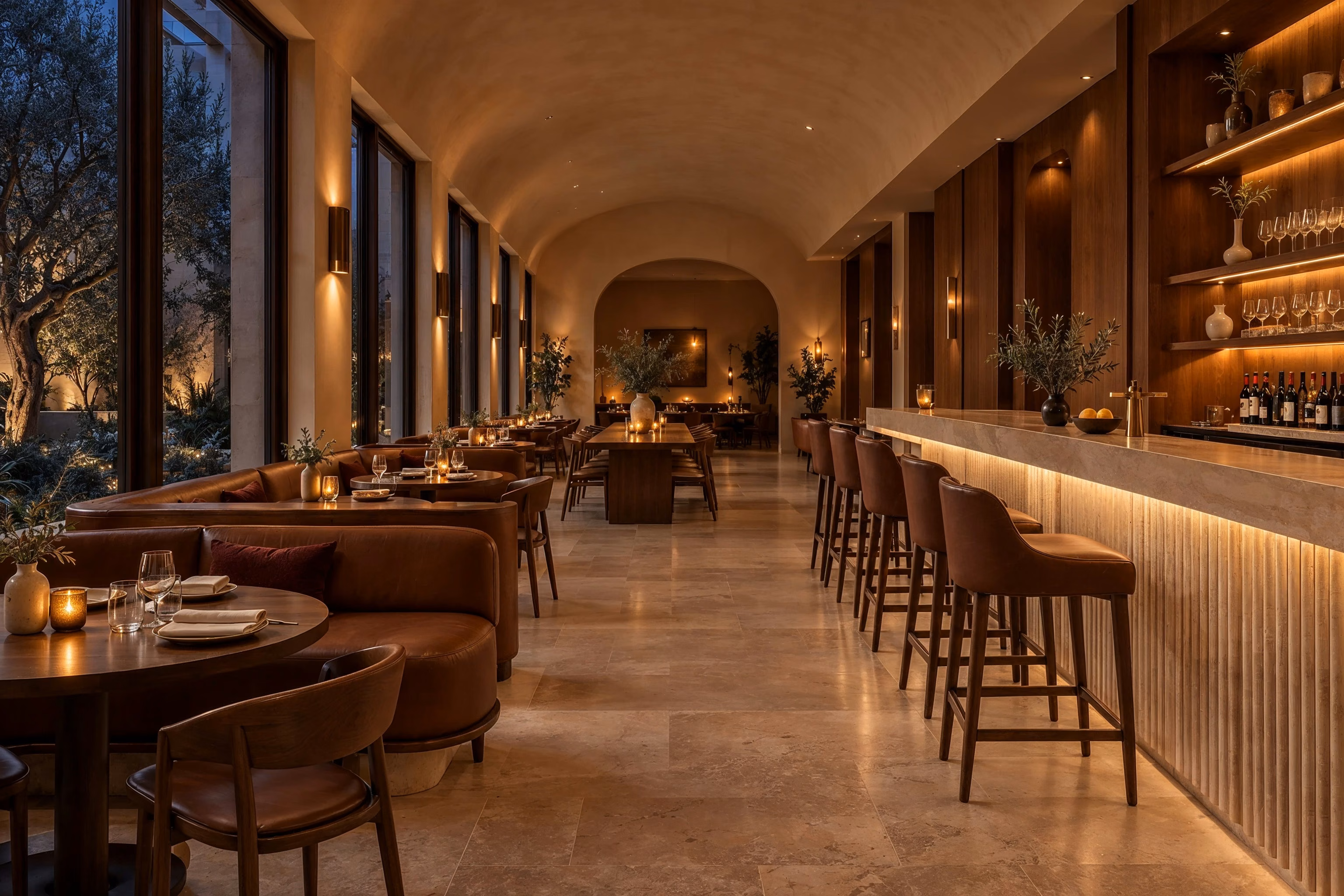 Ambra Restaurant — Evening atmosphere in the main dining hall, with low bronze light and softly illuminated courtyard trees.