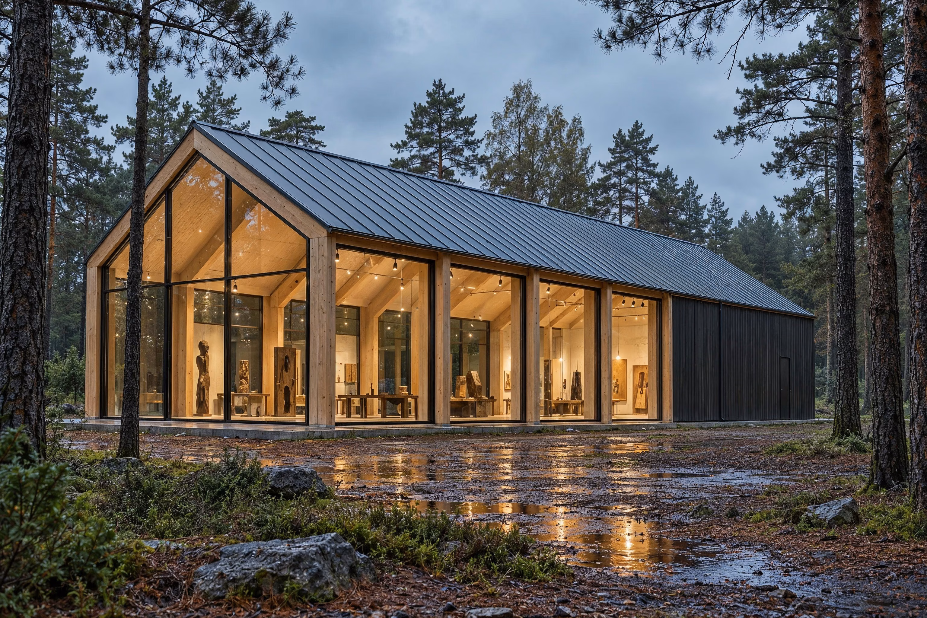 Atelier des Pins — Galerie vitrée et volume de services en bois