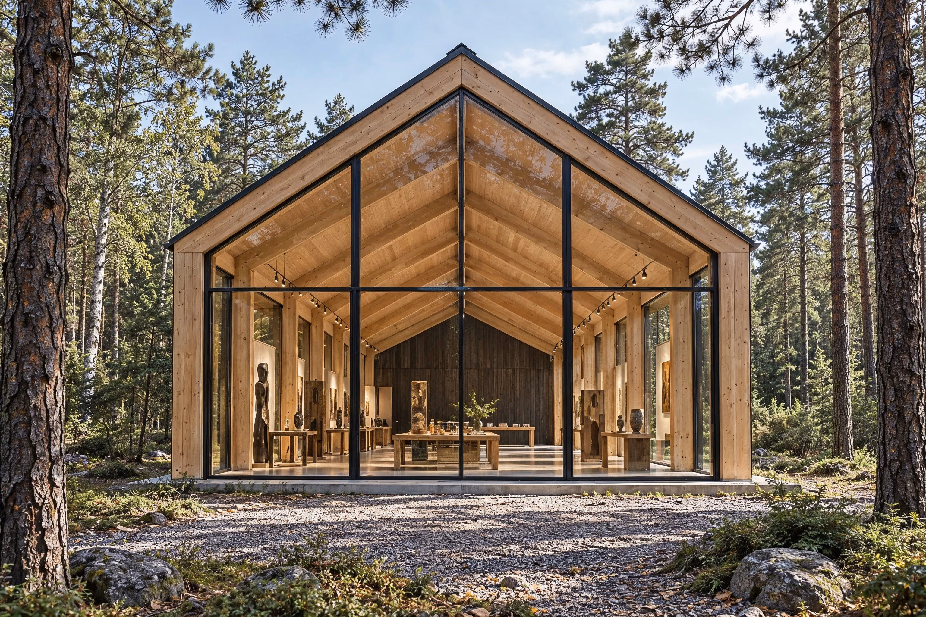 Atelier des Pins — Le pignon ouest vitré cadre la galerie dans une clairière de pins.
