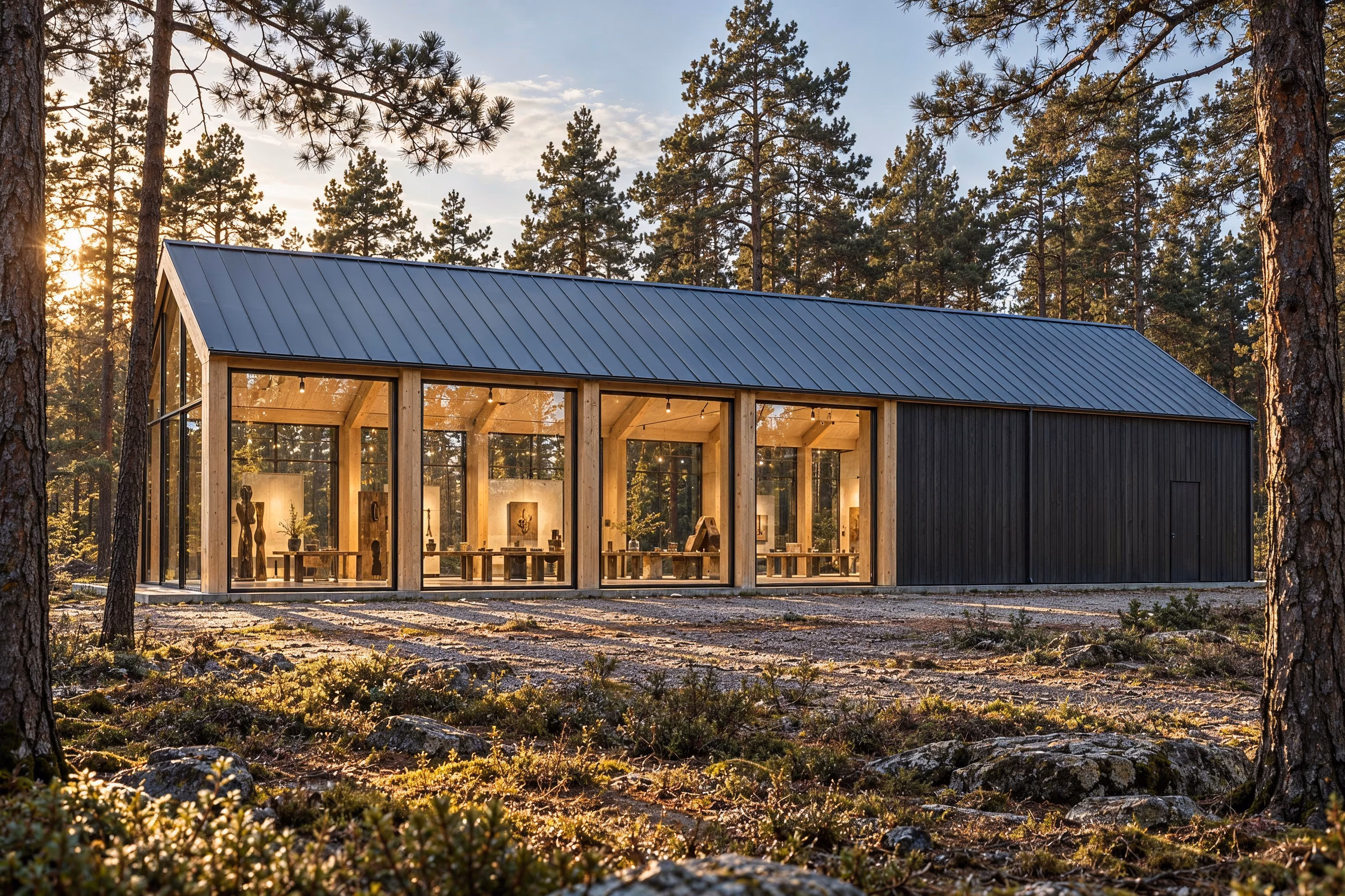 Atelier des Pins — La lumière de fin d’après-midi traverse les quatre travées vitrées et le volume de services en bois anthracite.
