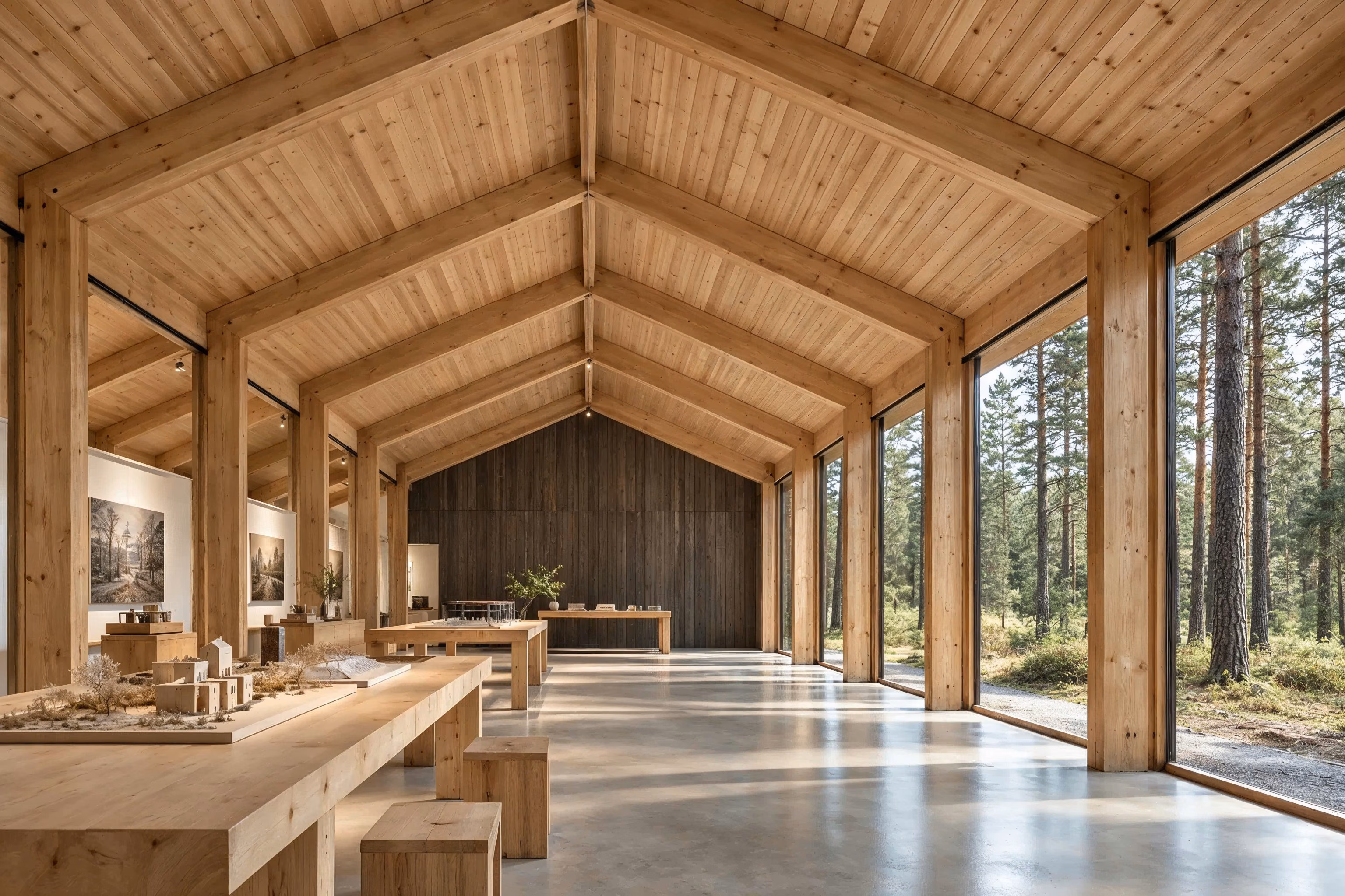 Atelier des Pins — Portiques en bois et tables de travail partagées