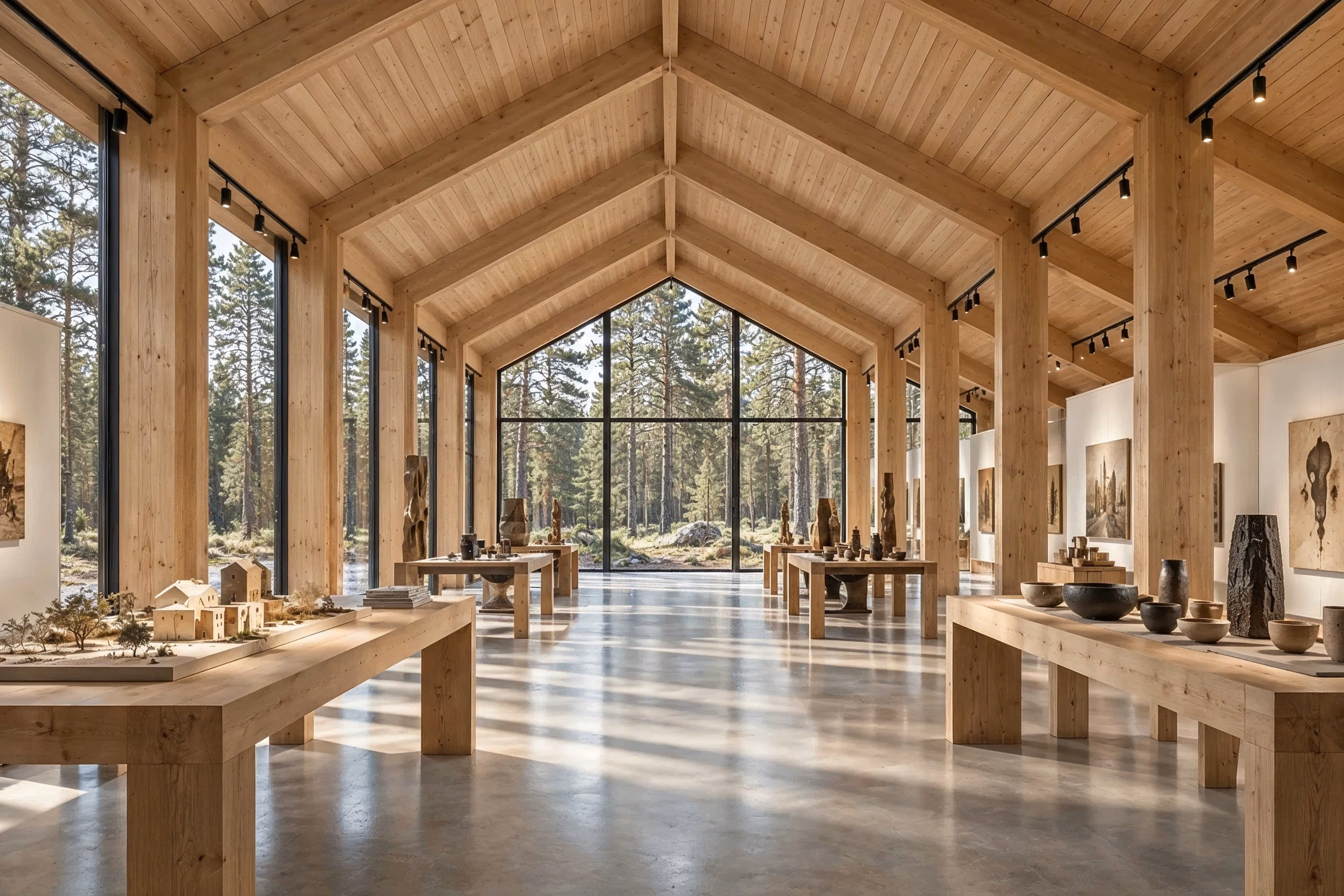 Atelier des Pins — La halle en bois s’ouvre sur le pignon vitré toute hauteur et la forêt de pins.