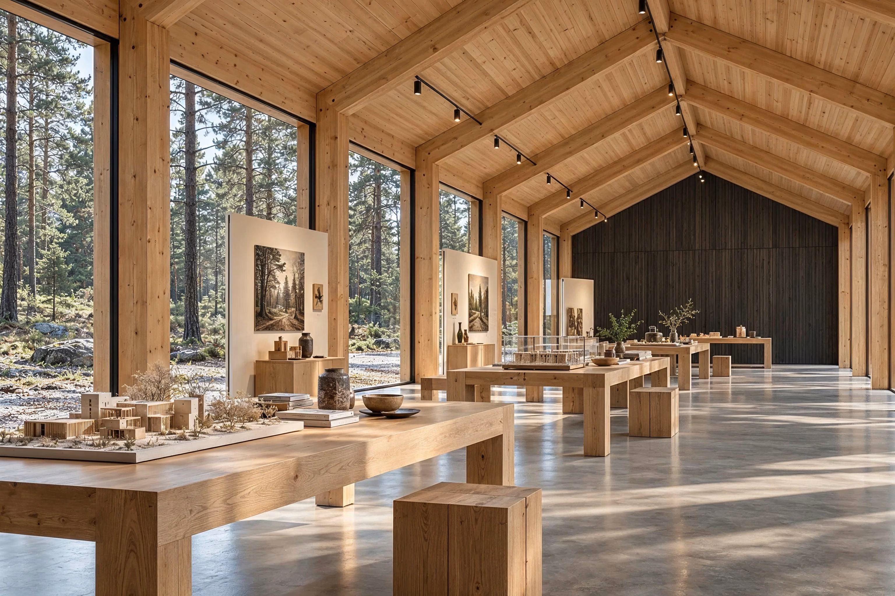 Atelier des Pins — Une vue en diagonale de la galerie révèle les tables à maquettes en chêne, les panneaux crème et le rythme des portiques en lamellé-collé.