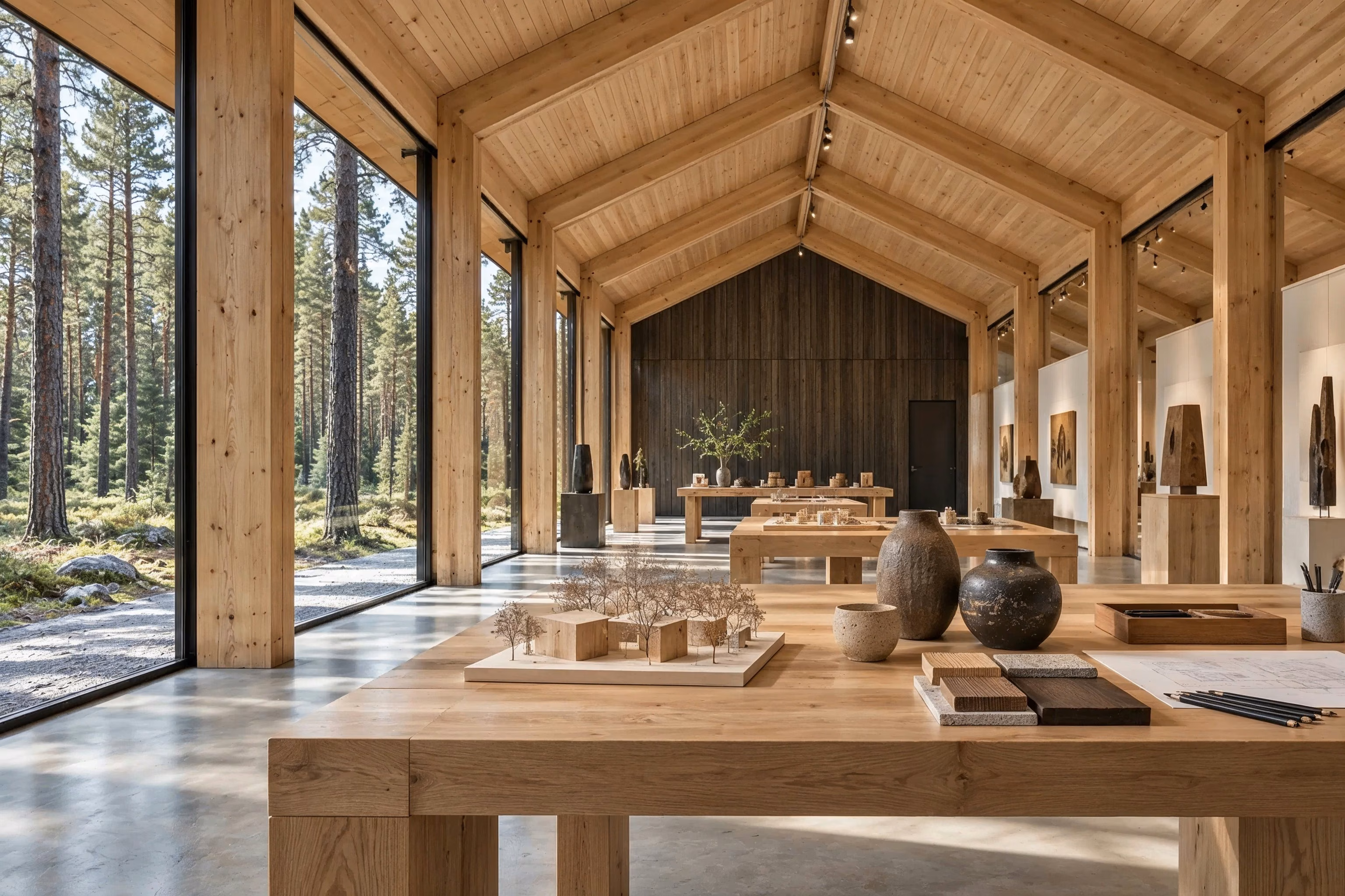 Atelier des Pins — Maquettes, céramiques et échantillons de bois sont disposés sur une table de travail en chêne, près des baies donnant sur la forêt.