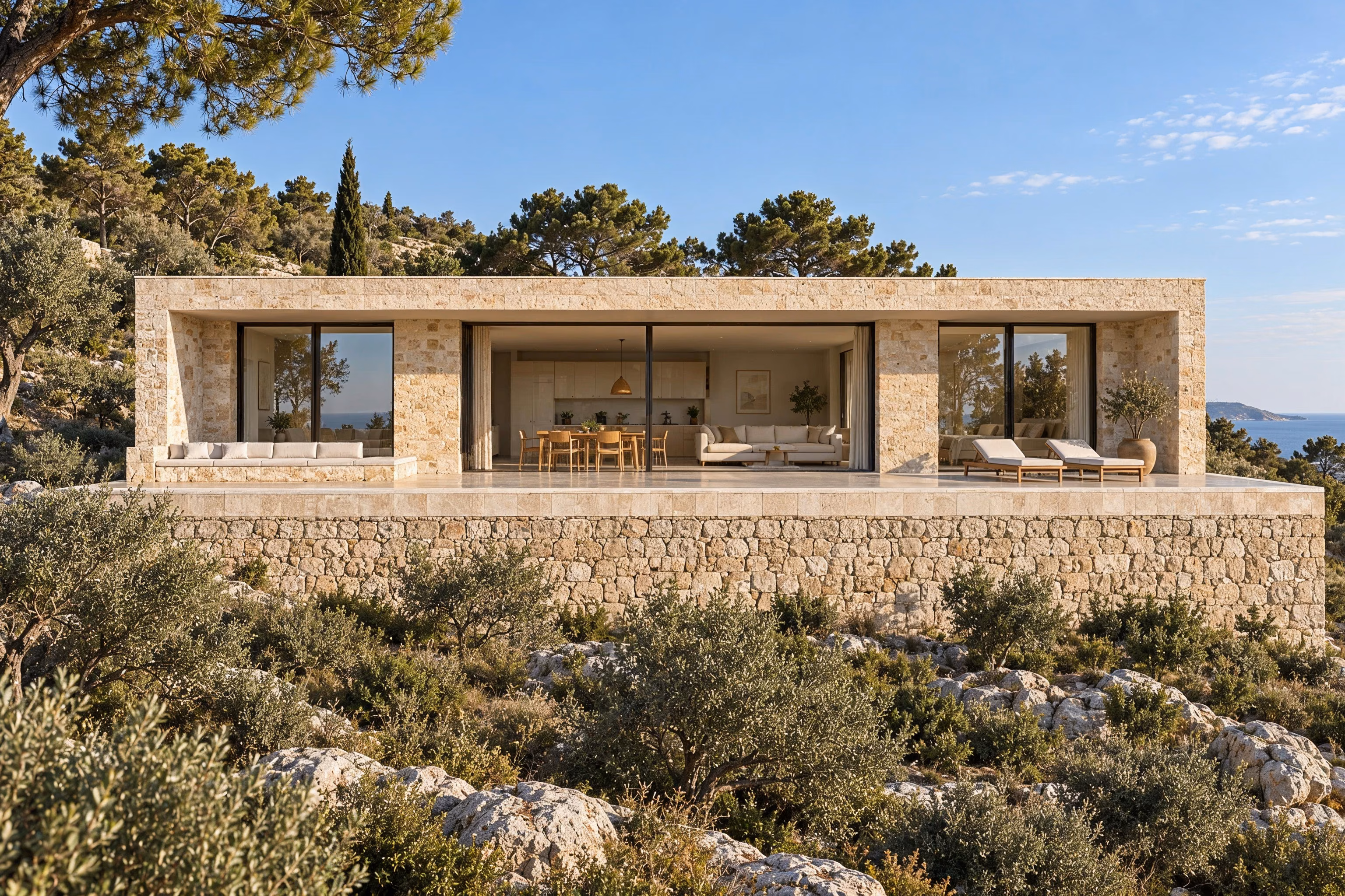 Littoral House — La façade sud et la terrasse en pierre calcaire dans la lumière du matin.