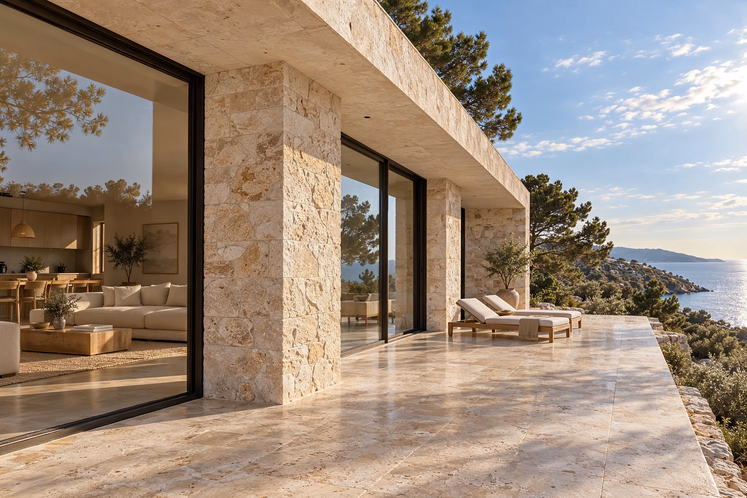 Littoral House — Piliers en pierre calcaire, dallage de terrasse et menuiseries en bronze composent une palette de matières sobre.