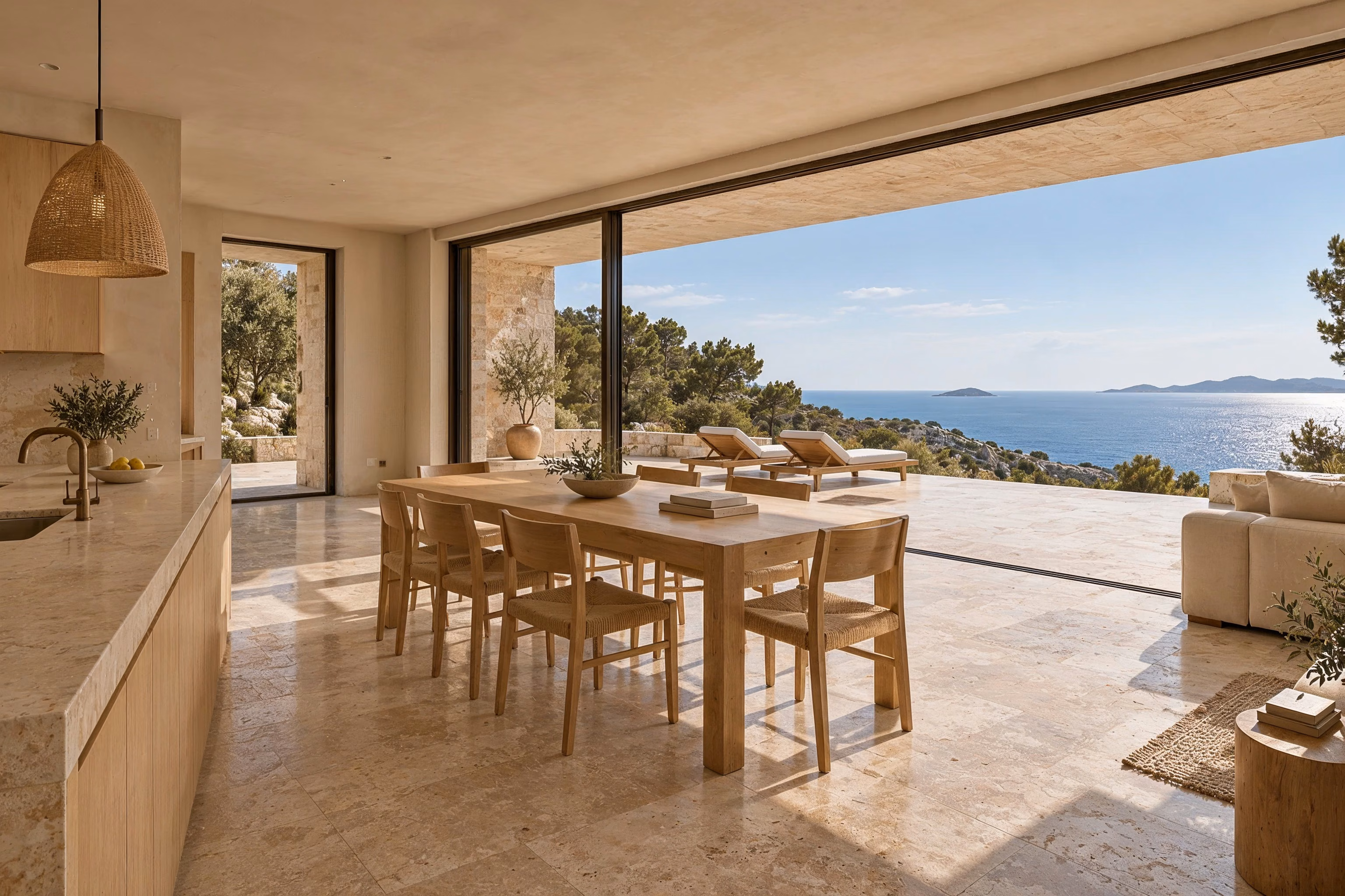 Littoral House — La salle à manger en chêne et la cuisine s’ouvrent sur la terrasse sud et la mer.