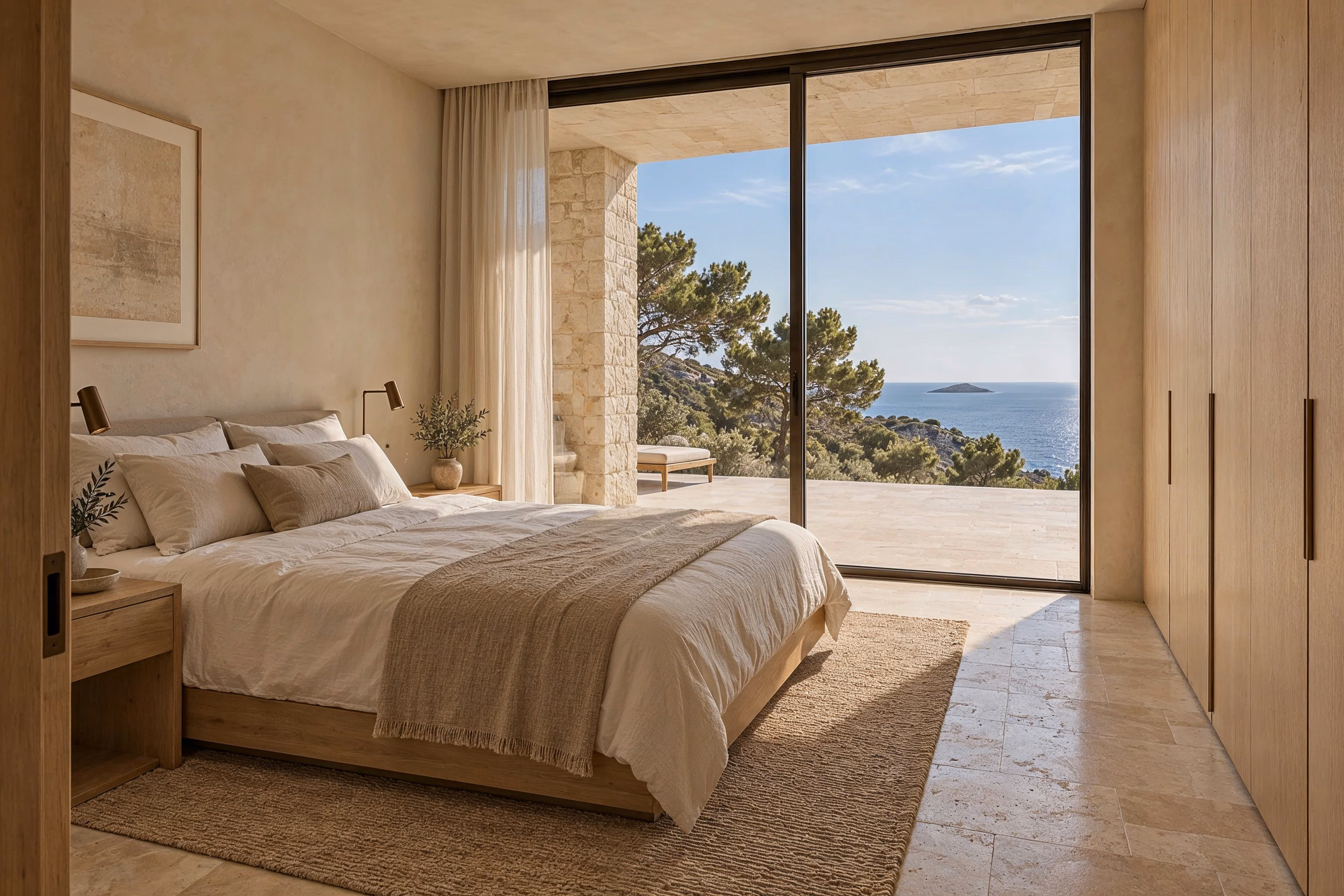 Littoral House — Une chambre face à la mer associe des rangements en chêne clair au lin et à l’enduit à la chaux.