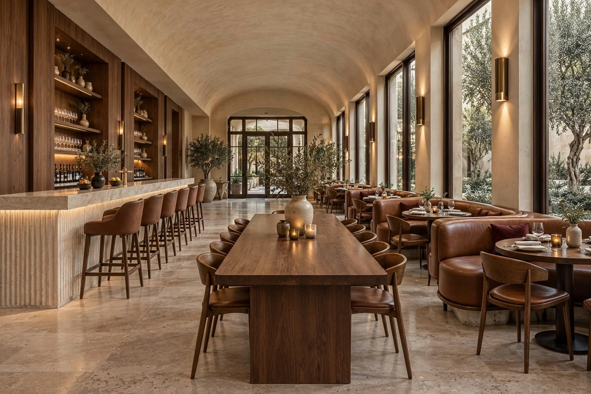 Ambra Restaurant — Reverse view along the dining room toward the travertine bar and courtyard glazing.