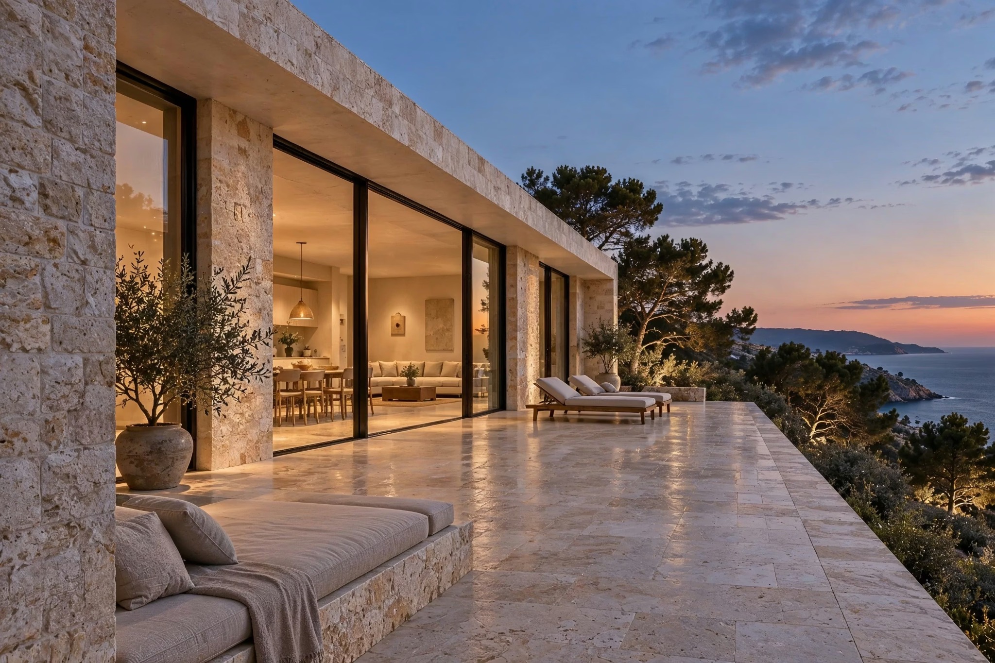 Littoral House — Une vue oblique de la terrasse révèle les baies en retrait à la tombée du jour.